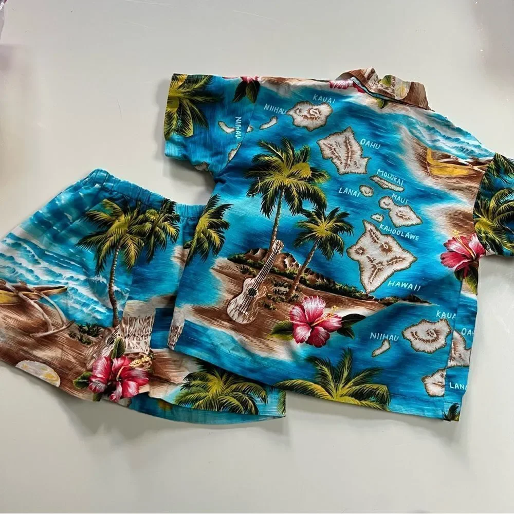 Rad Vintage 1990s Kid’s Two Piece Tropical Hawaiian Shirt and Shorts